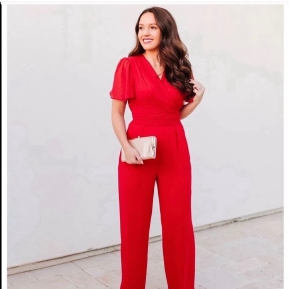 GMG NWT Brielle red jumpsuit, textured dot sleeve, girl meets glam 10P